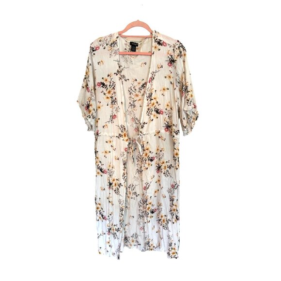 Justify Duster White Floral Short Sleeve Crinkle Rayon Lightweight Drawstring 3X - Picture 1 of 7